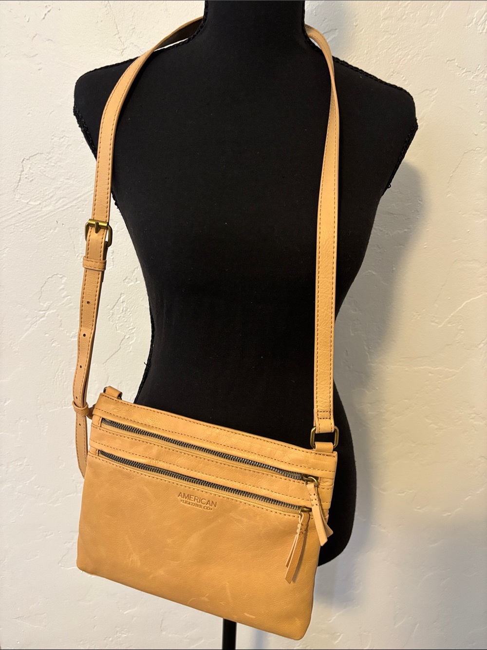 American Vintage Tan Leather Crossbody with Triple Zip Pockets
